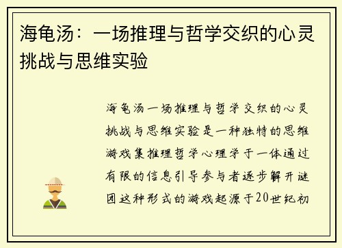 海龟汤:一场推理与哲学交织的心灵挑战与思维实验 海龟汤:一场推理与哲学交织的心灵挑战与思维实验